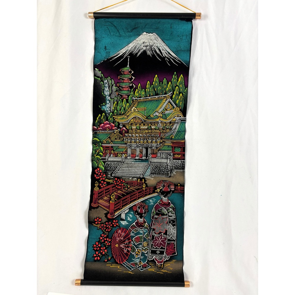 Vintage Japanese Velvet‎ Wall Hanging Scroll Mount Fuji Pagoda Geisha Temple Art